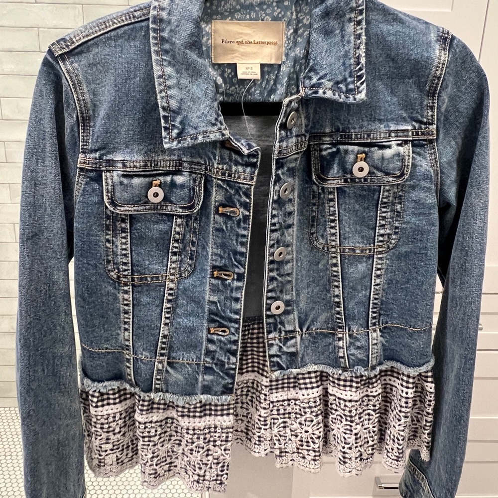 Pilcro and the Letterpress Blue Jean Jacket with Navy and White Hem